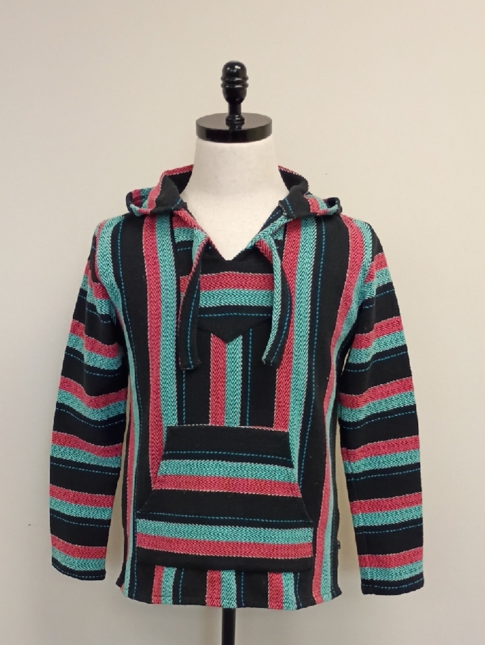 Striped Baja Hoodie in Black, Teal & Pink